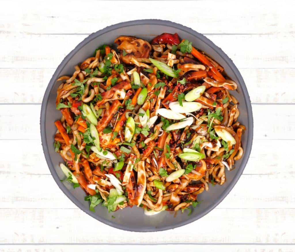 Ham and black bean udon noodle stir fry