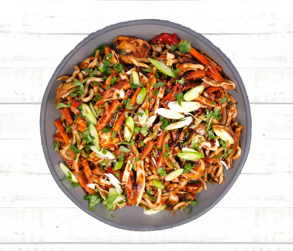 Ham and black bean udon noodle stir fry