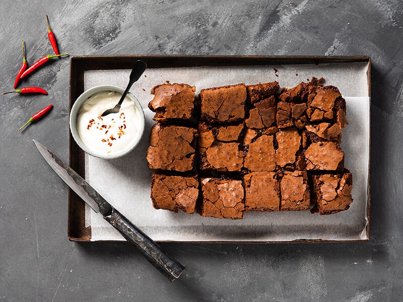 Spiced chocolate brownies with satay sauce